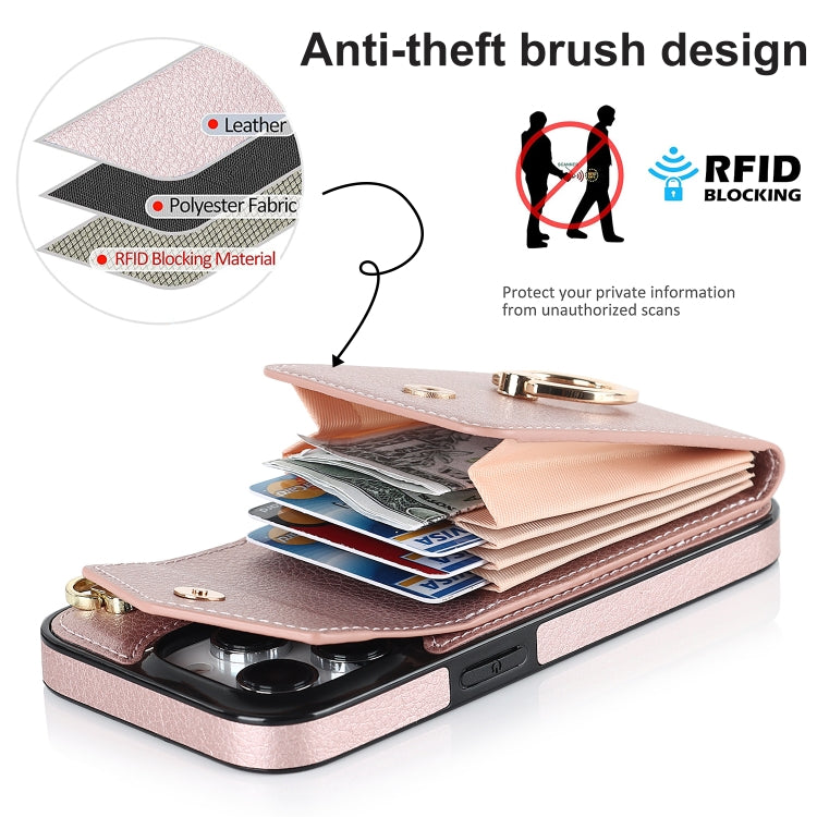 For iPhone 14 Ring Holder RFID Card Slot Phone Case with Long Lanyard(Rose Gold) - iPhone 14 Cases by buy2fix | Online Shopping UK | buy2fix