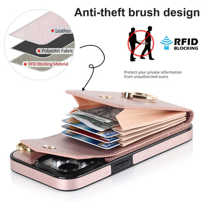 For iPhone 14 Ring Holder RFID Card Slot Phone Case with Long Lanyard(Rose Gold) - iPhone 14 Cases by buy2fix | Online Shopping UK | buy2fix