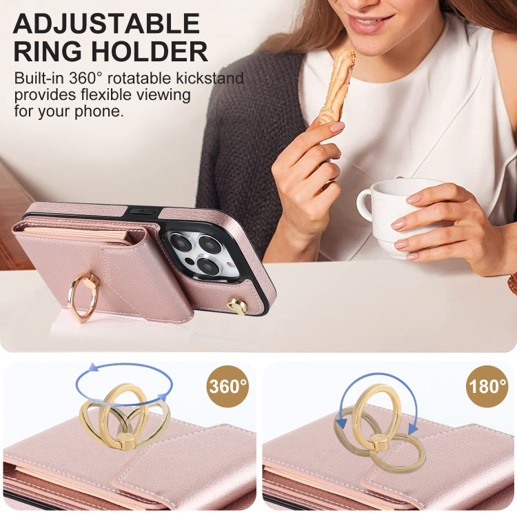 For iPhone 14 Ring Holder RFID Card Slot Phone Case with Long Lanyard(Rose Gold) - iPhone 14 Cases by buy2fix | Online Shopping UK | buy2fix