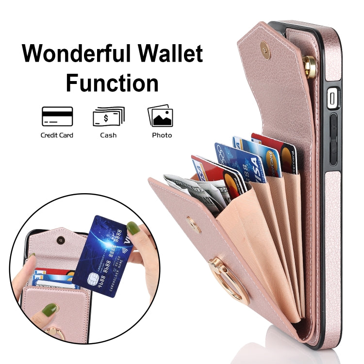 For iPhone 14 Ring Holder RFID Card Slot Phone Case with Long Lanyard(Rose Gold) - iPhone 14 Cases by buy2fix | Online Shopping UK | buy2fix