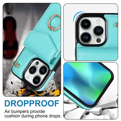 For iPhone 14 Ring Holder RFID Card Slot Phone Case with Long Lanyard(Mint Green) - iPhone 14 Cases by buy2fix | Online Shopping UK | buy2fix