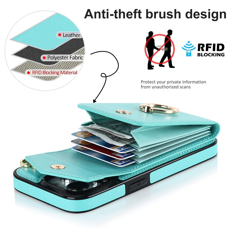 For iPhone 14 Ring Holder RFID Card Slot Phone Case with Long Lanyard(Mint Green) - iPhone 14 Cases by buy2fix | Online Shopping UK | buy2fix