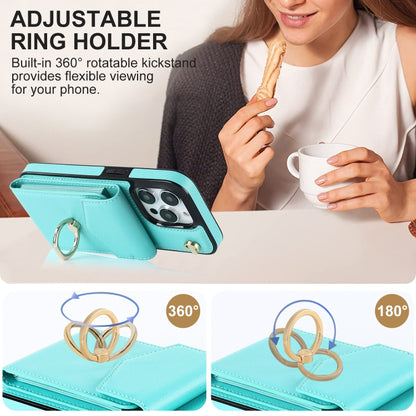 For iPhone 14 Ring Holder RFID Card Slot Phone Case with Long Lanyard(Mint Green) - iPhone 14 Cases by buy2fix | Online Shopping UK | buy2fix