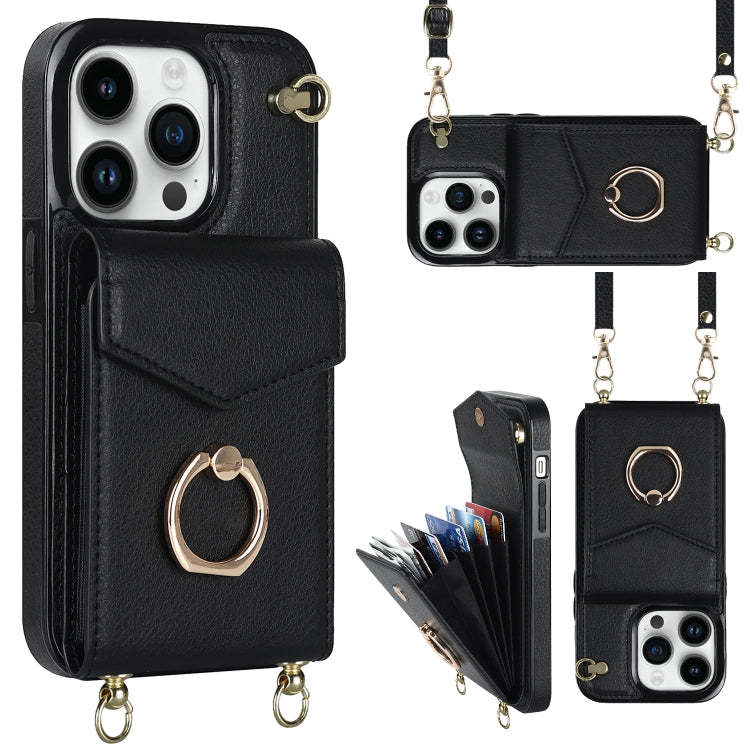 For iPhone 14 Plus Ring Holder RFID Card Slot Phone Case with Long Lanyard(Black) - iPhone 14 Plus Cases by buy2fix | Online Shopping UK | buy2fix