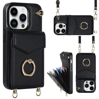 For iPhone 14 Plus Ring Holder RFID Card Slot Phone Case with Long Lanyard(Black) - iPhone 14 Plus Cases by buy2fix | Online Shopping UK | buy2fix