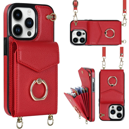For iPhone 14 Plus Ring Holder RFID Card Slot Phone Case with Long Lanyard(Red) - iPhone 14 Plus Cases by buy2fix | Online Shopping UK | buy2fix