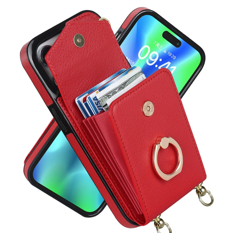 For iPhone 14 Plus Ring Holder RFID Card Slot Phone Case with Long Lanyard(Red) - iPhone 14 Plus Cases by buy2fix | Online Shopping UK | buy2fix