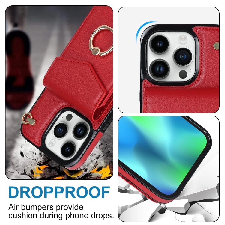 For iPhone 14 Plus Ring Holder RFID Card Slot Phone Case with Long Lanyard(Red) - iPhone 14 Plus Cases by buy2fix | Online Shopping UK | buy2fix