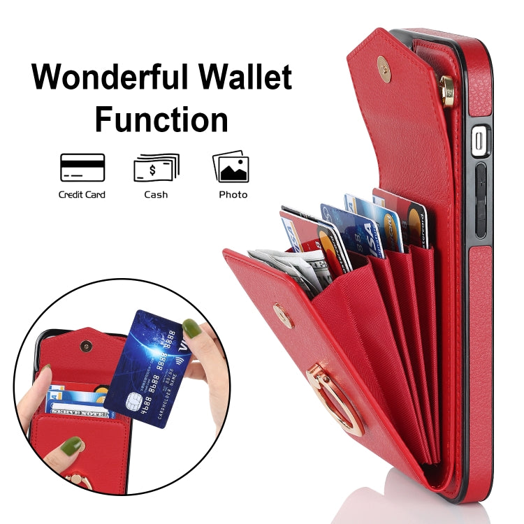For iPhone 14 Plus Ring Holder RFID Card Slot Phone Case with Long Lanyard(Red) - iPhone 14 Plus Cases by buy2fix | Online Shopping UK | buy2fix