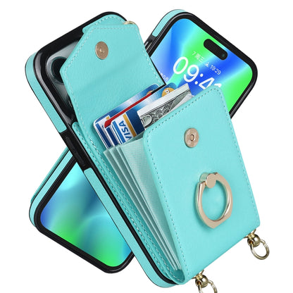For iPhone 14 Plus Ring Holder RFID Card Slot Phone Case with Long Lanyard(Mint Green) - iPhone 14 Plus Cases by buy2fix | Online Shopping UK | buy2fix