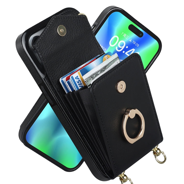 For iPhone 14 Pro Ring Holder RFID Card Slot Phone Case with Long Lanyard(Black) - iPhone 14 Pro Cases by buy2fix | Online Shopping UK | buy2fix
