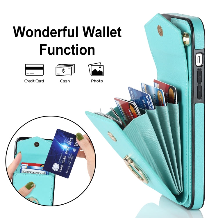 For iPhone 14 Pro Ring Holder RFID Card Slot Phone Case with Long Lanyard(Mint Green) - iPhone 14 Pro Cases by buy2fix | Online Shopping UK | buy2fix