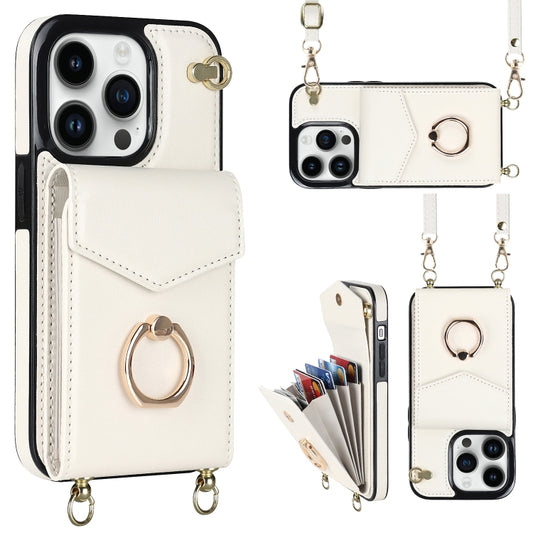 For iPhone 14 Pro Max Ring Holder RFID Card Slot Phone Case with Long Lanyard(Beige) - iPhone 14 Pro Max Cases by buy2fix | Online Shopping UK | buy2fix