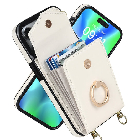 For iPhone 14 Pro Max Ring Holder RFID Card Slot Phone Case with Long Lanyard(Beige) - iPhone 14 Pro Max Cases by buy2fix | Online Shopping UK | buy2fix
