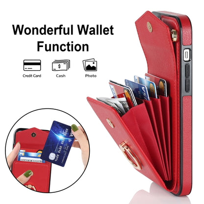 For iPhone 14 Pro Max Ring Holder RFID Card Slot Phone Case with Long Lanyard(Red) - iPhone 14 Pro Max Cases by buy2fix | Online Shopping UK | buy2fix