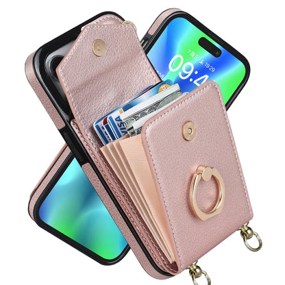 For iPhone 14 Pro Max Ring Holder RFID Card Slot Phone Case with Long Lanyard(Rose Gold) - iPhone 14 Pro Max Cases by buy2fix | Online Shopping UK | buy2fix