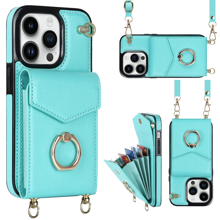 For iPhone 14 Pro Max Ring Holder RFID Card Slot Phone Case with Long Lanyard(Mint Green) - iPhone 14 Pro Max Cases by buy2fix | Online Shopping UK | buy2fix