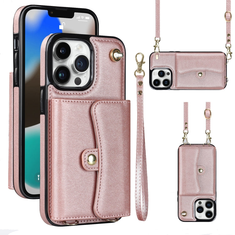 For iPhone 13 Pro RFID Card Slot Phone Case with Long Lanyard(Rose Gold) - iPhone 13 Pro Cases by buy2fix | Online Shopping UK | buy2fix