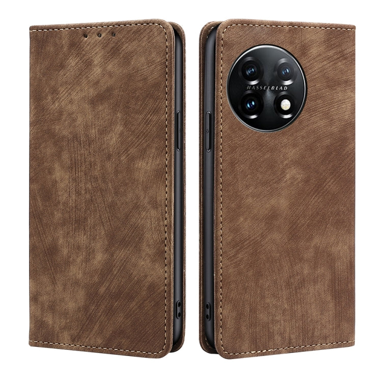 For OnePlus 11 RFID Anti-theft Brush Magnetic Leather Phone Case(Brown) by buy2fix