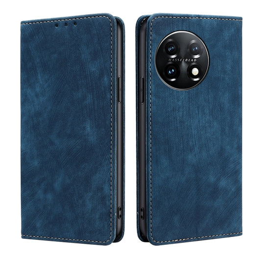 For OnePlus 11 RFID Anti-theft Brush Magnetic Leather Phone Case(Blue) by buy2fix