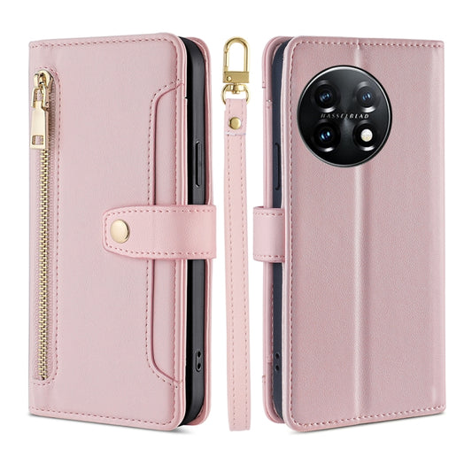 For OnePlus 11 Sheep Texture Cross-body Zipper Wallet Leather Phone Case(Pink) by buy2fix