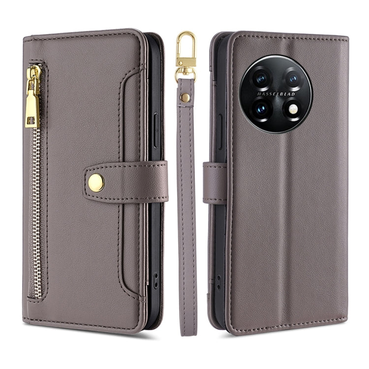 For OnePlus 11 Sheep Texture Cross-body Zipper Wallet Leather Phone Case(Grey) by buy2fix