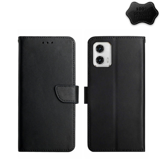 For Motorola Moto G73 5G Genuine Leather Fingerprint-proof Flip Phone Case(Black) - Motorola Cases by buy2fix | Online Shopping UK | buy2fix