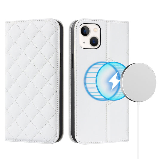 For iPhone 13 Rhombic MagSafe RFID Anti-Theft Wallet Leather Phone Case(White) by buy2fix