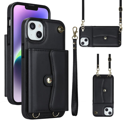 For iPhone 14 Plus RFID Card Slot Phone Case with Long Lanyard(Black) - iPhone 14 Plus Cases by buy2fix | Online Shopping UK | buy2fix