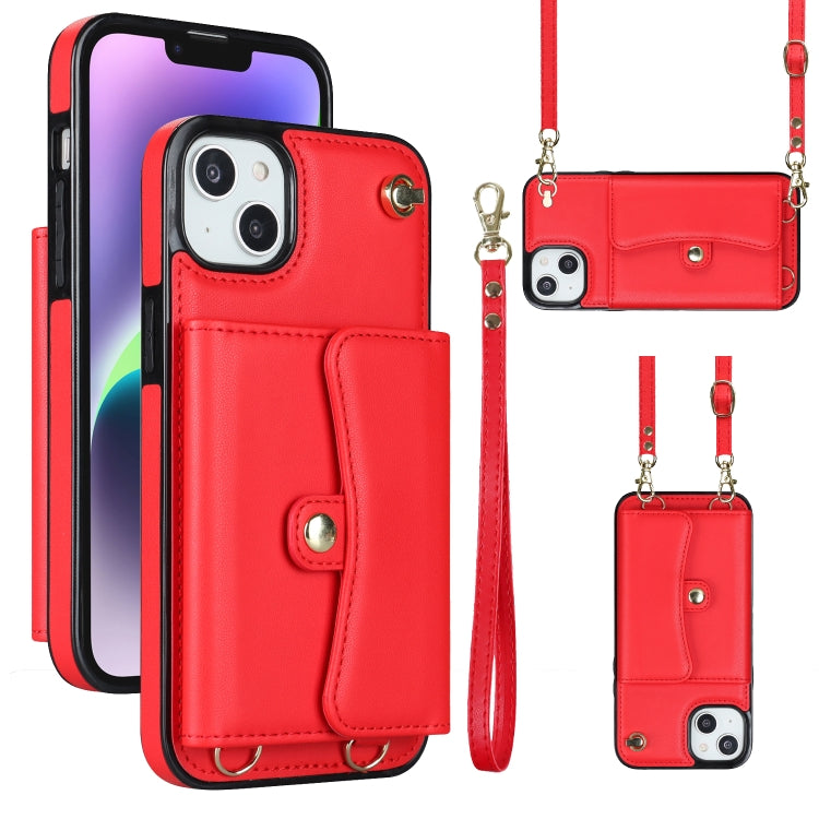 For iPhone 14 Plus RFID Card Slot Phone Case with Long Lanyard(Red) - iPhone 14 Plus Cases by buy2fix | Online Shopping UK | buy2fix