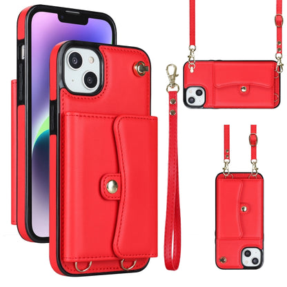 For iPhone 14 Plus RFID Card Slot Phone Case with Long Lanyard(Red) - iPhone 14 Plus Cases by buy2fix | Online Shopping UK | buy2fix