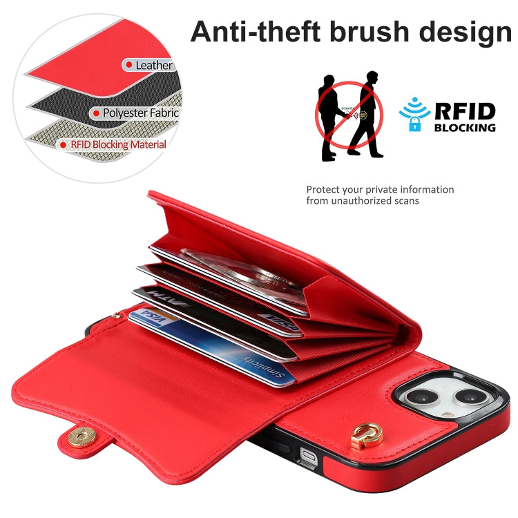 For iPhone 14 Plus RFID Card Slot Phone Case with Long Lanyard(Red) - iPhone 14 Plus Cases by buy2fix | Online Shopping UK | buy2fix