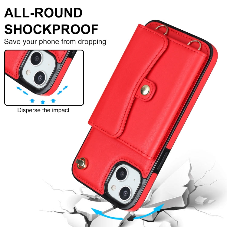 For iPhone 14 Plus RFID Card Slot Phone Case with Long Lanyard(Red) - iPhone 14 Plus Cases by buy2fix | Online Shopping UK | buy2fix