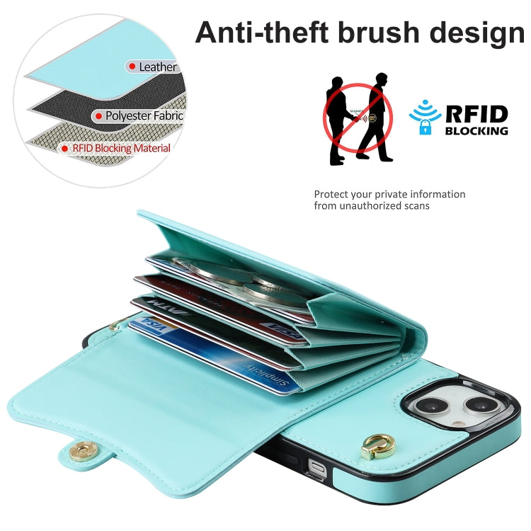 For iPhone 14 Plus RFID Card Slot Phone Case with Long Lanyard(Mint Green) - iPhone 14 Plus Cases by buy2fix | Online Shopping UK | buy2fix