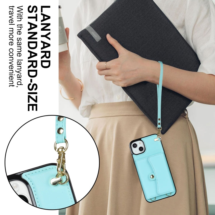 For iPhone 14 Plus RFID Card Slot Phone Case with Long Lanyard(Mint Green) - iPhone 14 Plus Cases by buy2fix | Online Shopping UK | buy2fix