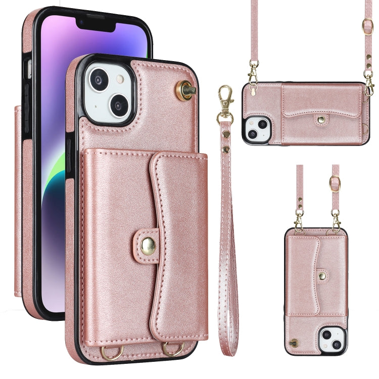 For iPhone 14 Plus RFID Card Slot Phone Case with Long Lanyard(Rose Gold) - iPhone 14 Plus Cases by buy2fix | Online Shopping UK | buy2fix