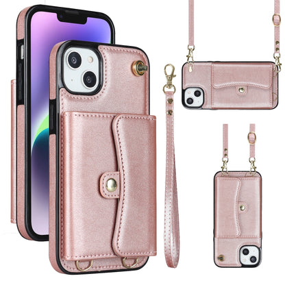 For iPhone 14 Plus RFID Card Slot Phone Case with Long Lanyard(Rose Gold) - iPhone 14 Plus Cases by buy2fix | Online Shopping UK | buy2fix