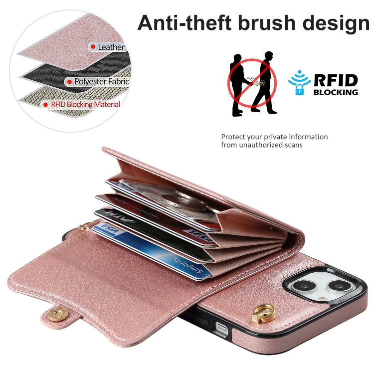 For iPhone 14 Plus RFID Card Slot Phone Case with Long Lanyard(Rose Gold) - iPhone 14 Plus Cases by buy2fix | Online Shopping UK | buy2fix
