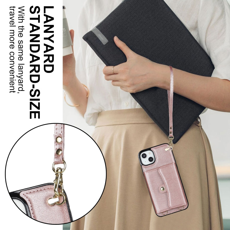 For iPhone 14 Plus RFID Card Slot Phone Case with Long Lanyard(Rose Gold) - iPhone 14 Plus Cases by buy2fix | Online Shopping UK | buy2fix