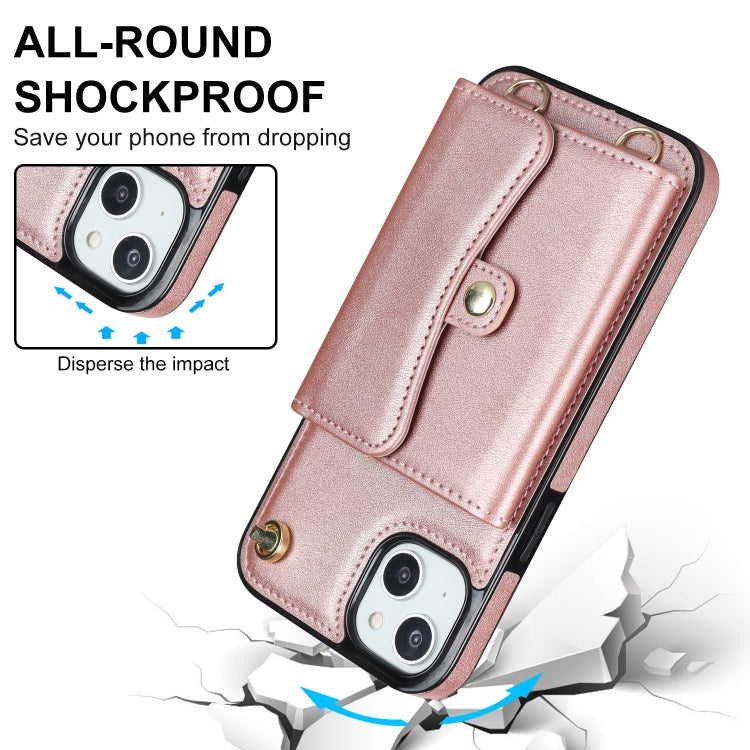 For iPhone 14 Plus RFID Card Slot Phone Case with Long Lanyard(Rose Gold) - iPhone 14 Plus Cases by buy2fix | Online Shopping UK | buy2fix