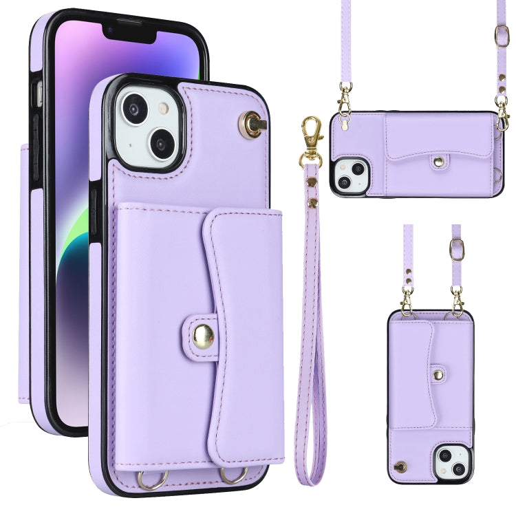 For iPhone 14 Plus RFID Card Slot Phone Case with Long Lanyard(Purple) - iPhone 14 Plus Cases by buy2fix | Online Shopping UK | buy2fix