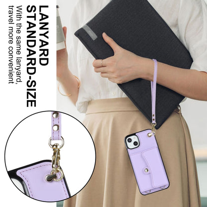 For iPhone 14 Plus RFID Card Slot Phone Case with Long Lanyard(Purple) - iPhone 14 Plus Cases by buy2fix | Online Shopping UK | buy2fix