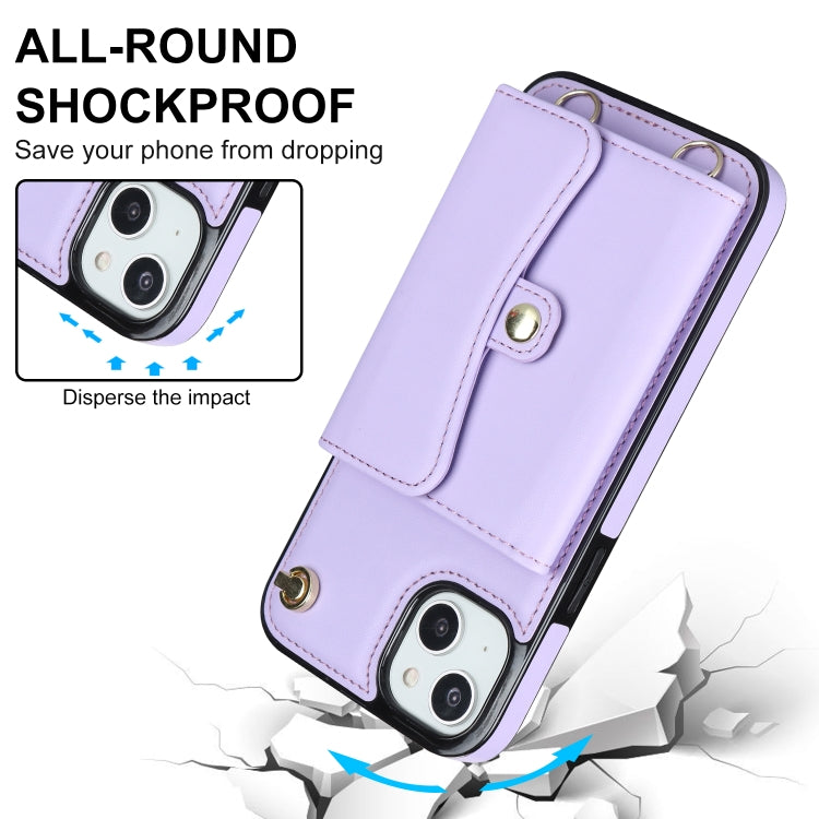 For iPhone 14 Plus RFID Card Slot Phone Case with Long Lanyard(Purple) - iPhone 14 Plus Cases by buy2fix | Online Shopping UK | buy2fix