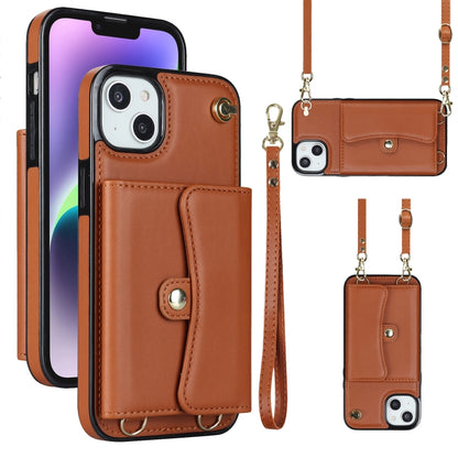 For iPhone 14 Plus RFID Card Slot Phone Case with Long Lanyard(Brown) - iPhone 14 Plus Cases by buy2fix | Online Shopping UK | buy2fix