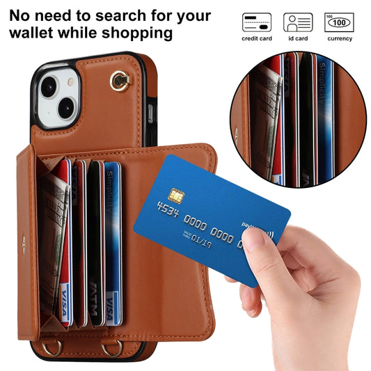 For iPhone 14 Plus RFID Card Slot Phone Case with Long Lanyard(Brown) - iPhone 14 Plus Cases by buy2fix | Online Shopping UK | buy2fix