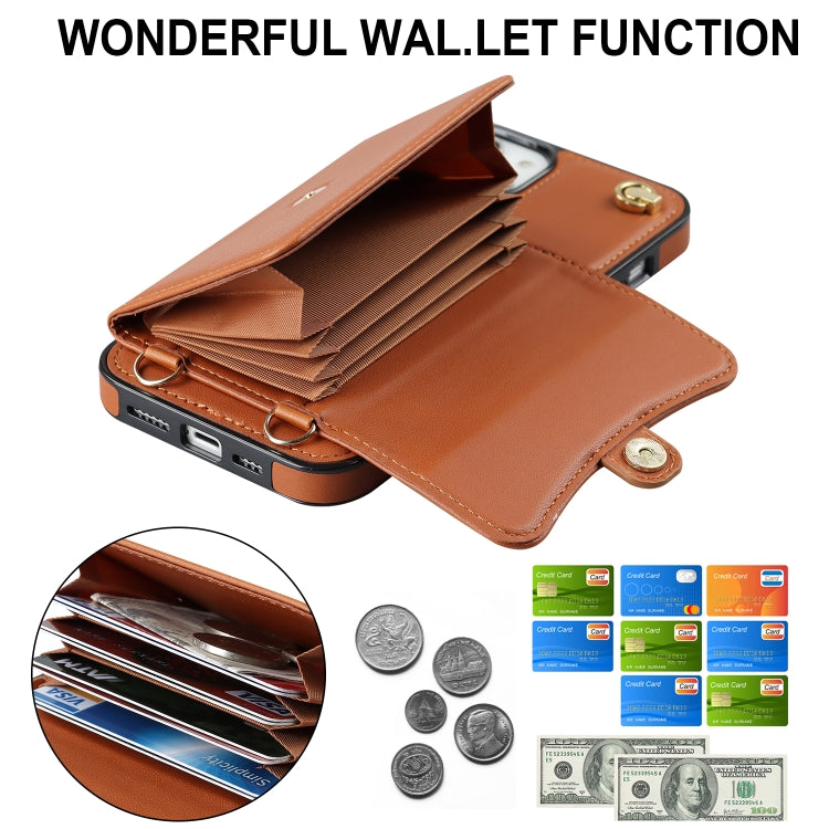 For iPhone 14 Plus RFID Card Slot Phone Case with Long Lanyard(Brown) - iPhone 14 Plus Cases by buy2fix | Online Shopping UK | buy2fix