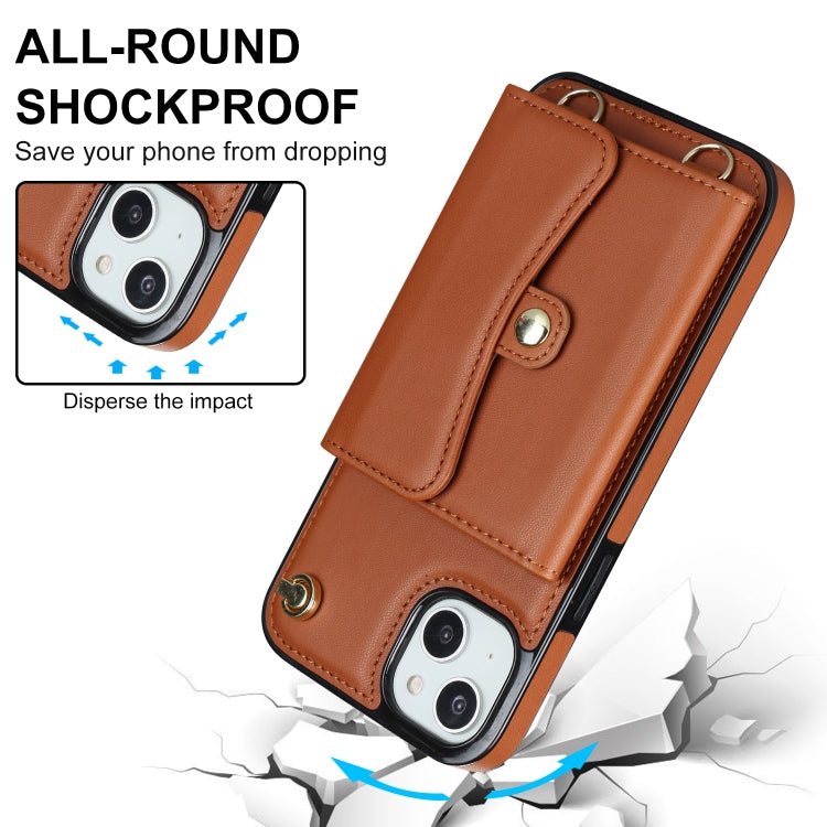 For iPhone 14 Plus RFID Card Slot Phone Case with Long Lanyard(Brown) - iPhone 14 Plus Cases by buy2fix | Online Shopping UK | buy2fix