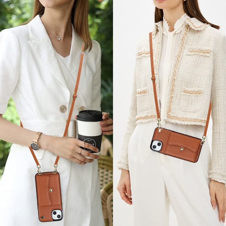 For iPhone 14 Plus RFID Card Slot Phone Case with Long Lanyard(Brown) - iPhone 14 Plus Cases by buy2fix | Online Shopping UK | buy2fix