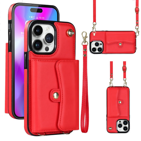 For iPhone 14 Pro RFID Card Slot Phone Case with Long Lanyard(Red) - iPhone 14 Pro Cases by buy2fix | Online Shopping UK | buy2fix