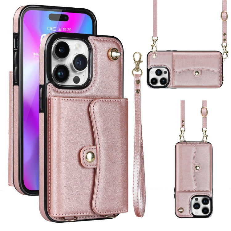For iPhone 14 Pro RFID Card Slot Phone Case with Long Lanyard(Rose Gold) - iPhone 14 Pro Cases by buy2fix | Online Shopping UK | buy2fix